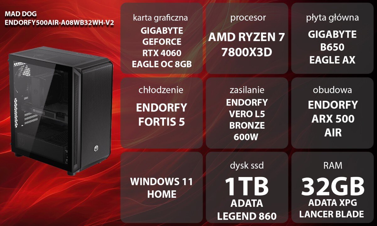 Komputer MAD DOG ENDORFY500AIR-A08WB32WHV2 Grafika przedstawiająca specyfikację komputera, z podziałem na podzespoły. W centralnej części znajduje się model komputera, a wokół niego informacje o podzespołach, opis
