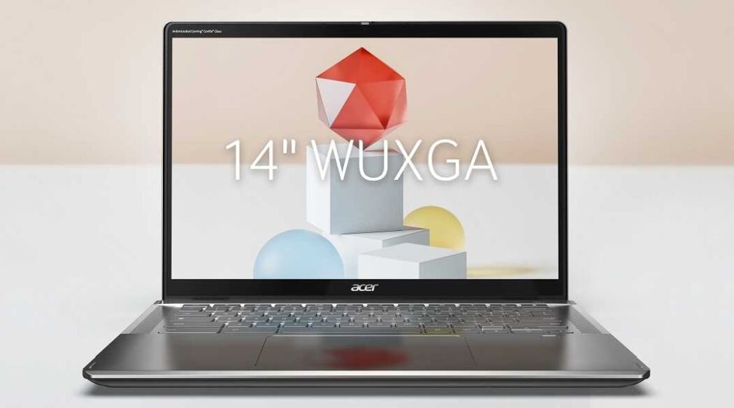 Laptop Acer Chromebook Plus Spin 514, umieszczony na białym tle, z widocznym ekranem i klawiaturą. - 14-calowy wyświetlacz WUXGA (1920 × 1200 px)