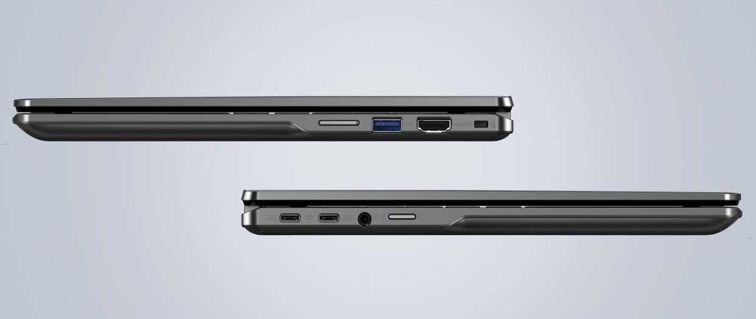 Dwa laptopy o tym samym wyglądzie, umieszczone obok siebie, z widocznymi złączami po obu stronach. - Wi-Fi 6E, USB 3.2 Gen 2 Type-C, USB 3.2 Gen 1 Type-A oraz HDMI