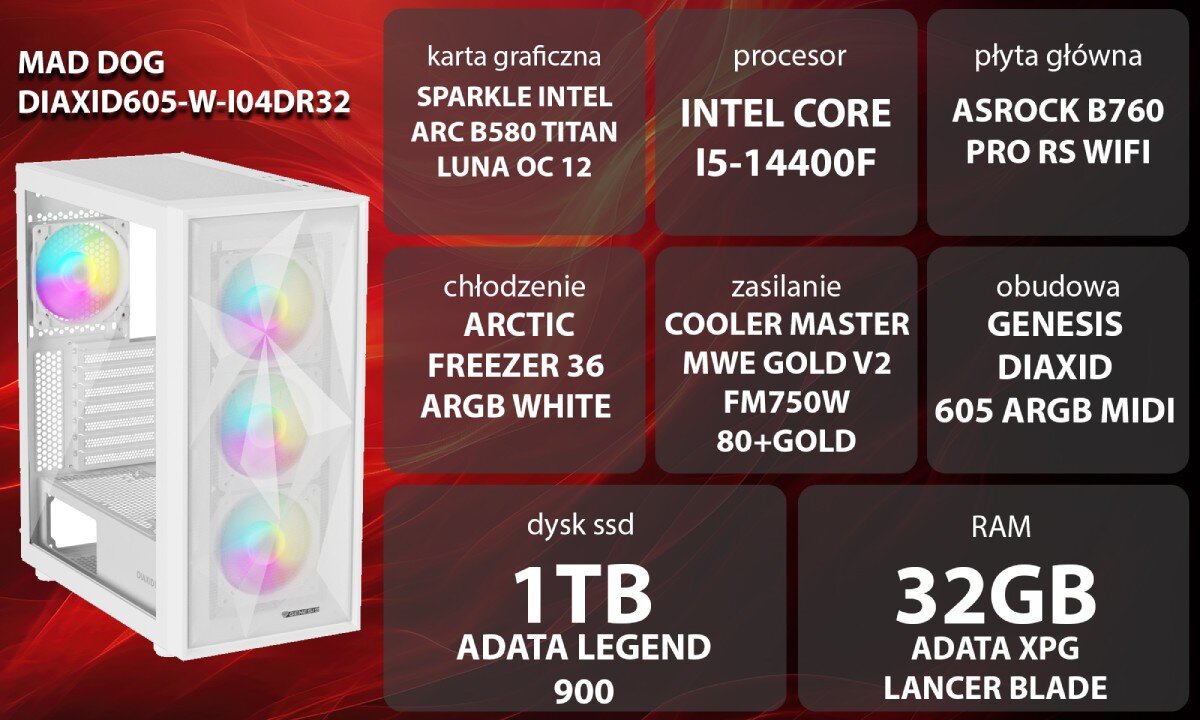 Komputer MAD DOG DIAXID605-W-I04DR32 Grafika przedstawiająca specyfikację komputera. Po lewej stronie widoczny komputer z podświetleniem RGB, opis