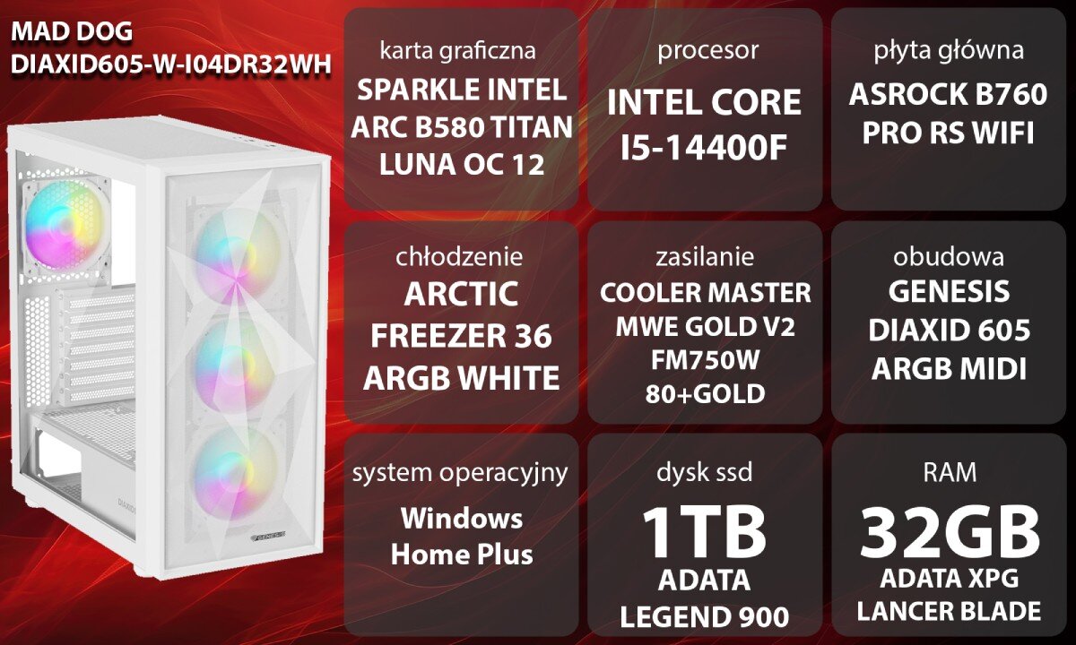 Komputer MAD DOG DIAXID605-W-I04DR32WH Grafika przedstawiająca specyfikację komputera. Po lewej stronie widoczny komputer z podświetleniem RGB, opis