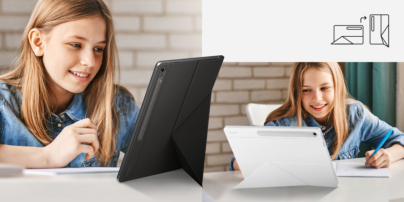 Młoda dziewczyna korzystająca z Galaxy Tab S10 FE Plus z założonym etui Smart Book Cover, ustawiona pionowo i podparta podstawką. Obok widać ją korzystającą z urządzenia poziomo z podstawką z tyłu.