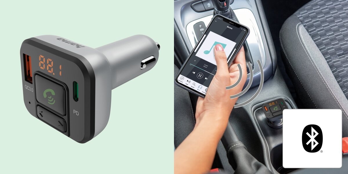 Transmiter FM HAMA 14169 - Muzyka i rozmowy bez kabli, ręka trzymająca smartfona, zapamiętuje ostatnie ustawienie