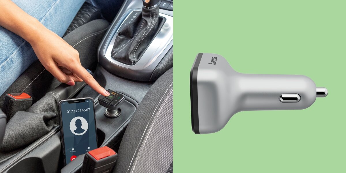 Transmiter FM HAMA 14169 - Rozmawiaj bez odrywania rąk, ręka naciskająca guzik transmitera, zestaw głośnomówiący