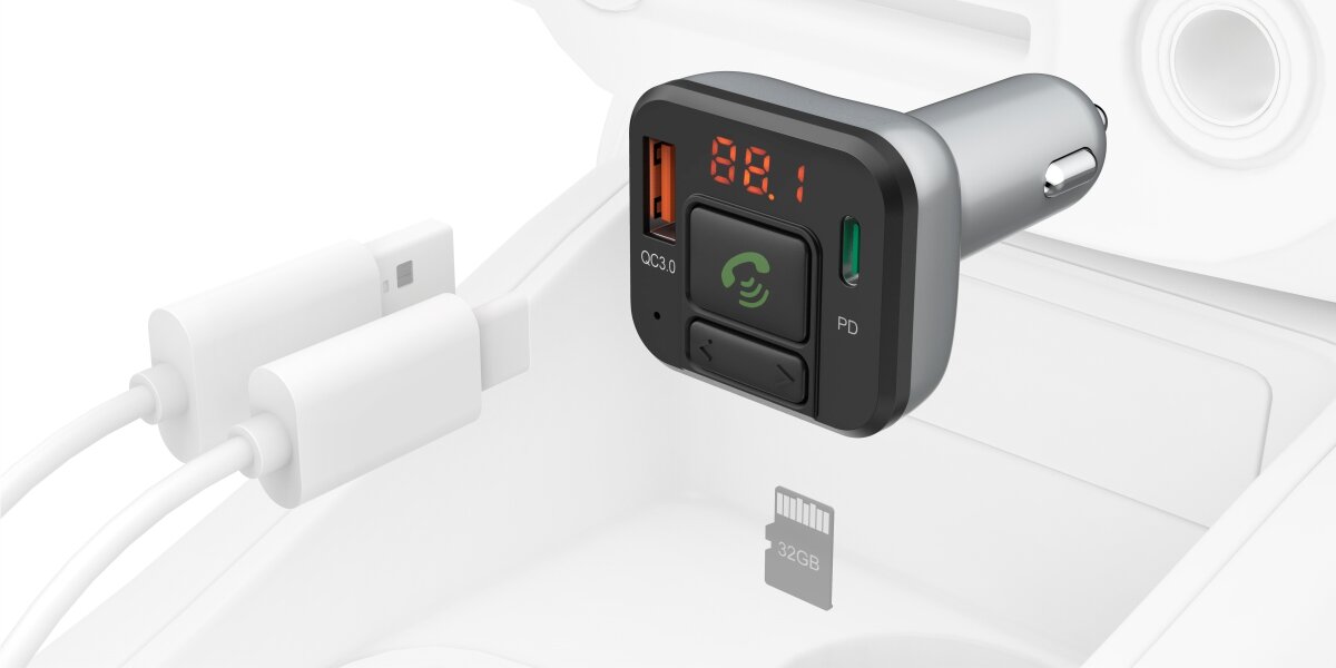 Transmiter FM HAMA 14169 - Więcej możliwościtransmiter po skosie, KABEL USB-C, kabel USB-A, karty microSD, USB-A, USB-C, Quick Charge™ 3.0