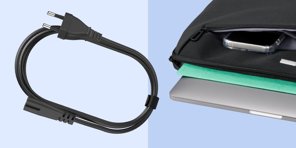 Kabel zasilający (dwużyłowy) z wtyczką europejską, oddzielnie pokazany obok laptopa schowanego w pokrowcu wraz ze smartfonem.