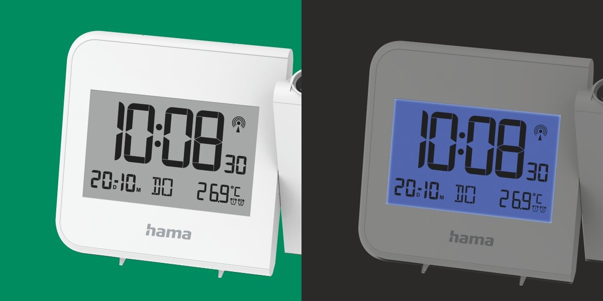 Budzik HAMA Hvar Projektor 222206 Biały, godzina, dzień, temperatura, format, na zielonym i ciemnym tle budziki