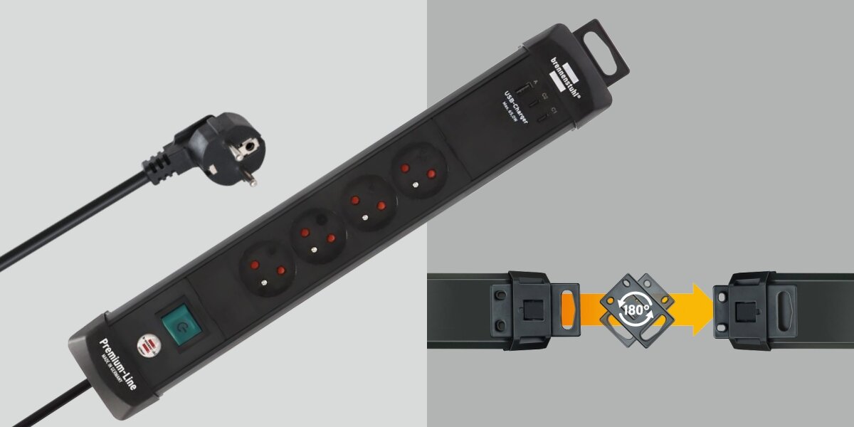 Listwa BRENNENSTUHL Premium-Line 4GN (3 m) Czarny, odporność, ochrona, kąt, gniazda, na szarym tle listwa pokazana od góry, w tle wizualizacja ochrony