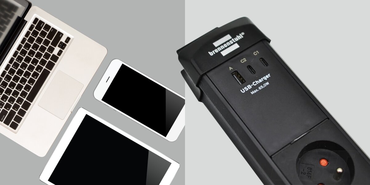 Listwa BRENNENSTUHL Premium-Line 4GN (3 m) Czarny, port, moc, usb, mobilne, na szarym tle listwa z podpiętym telefonem, obok laptop, tablet, smartfon