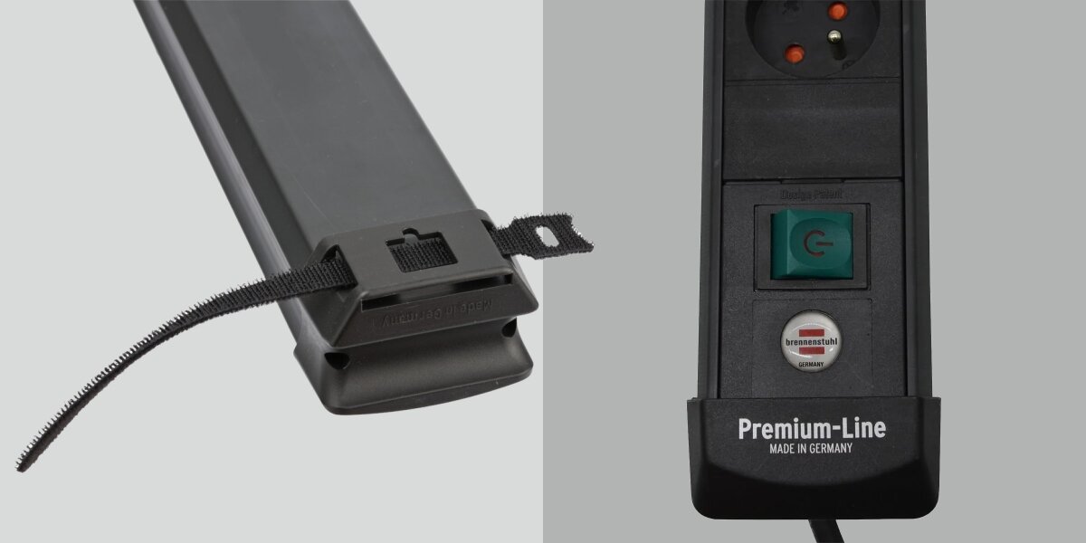 Listwa BRENNENSTUHL Premium-Line 4GN (3 m) Czarny, swoboda, sterowanie, wyłącznik, zasilanie, na szarym tle listwa pokazana od boku i dołu