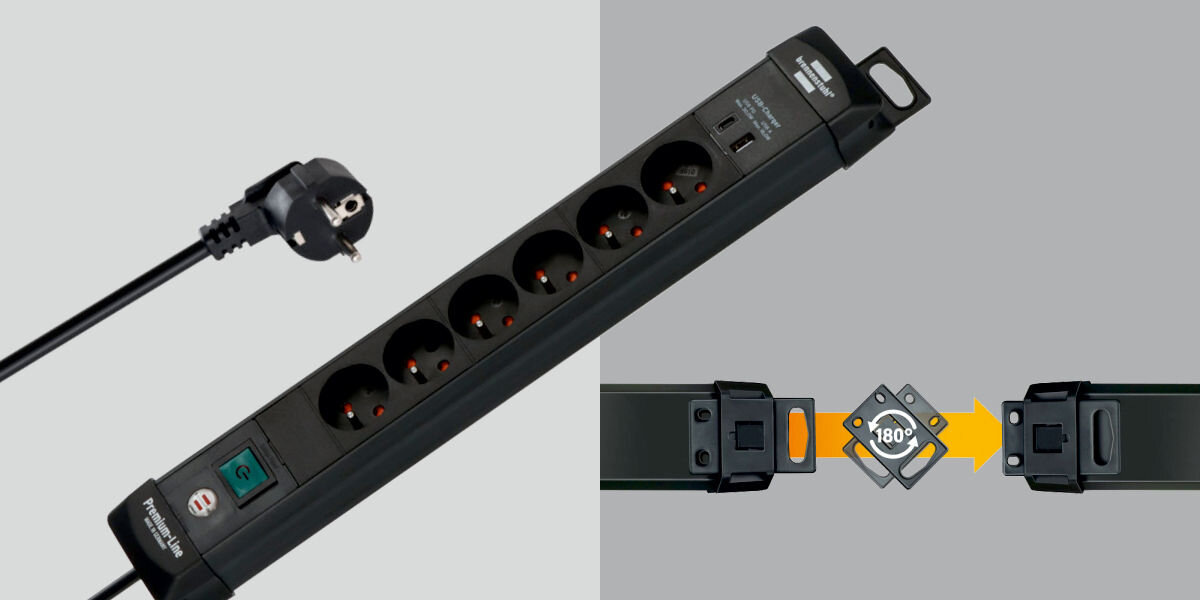 Listwa BRENNENSTUHL Premium-Line 6GN (3 m) Czarny, odporność, ochrona, kąt, gniazda, na szarym tle listwa pokazana od góry, w tle wizualizacja ochrony