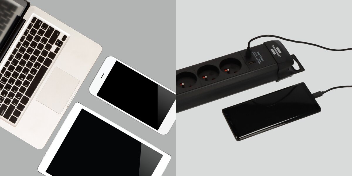 Listwa BRENNENSTUHL Premium-Line 6GN (3 m) Czarny, port, moc, usb, mobilne, na szarym tle listwa z podpiętym telefonem, obok laptop, tablet, smartfon