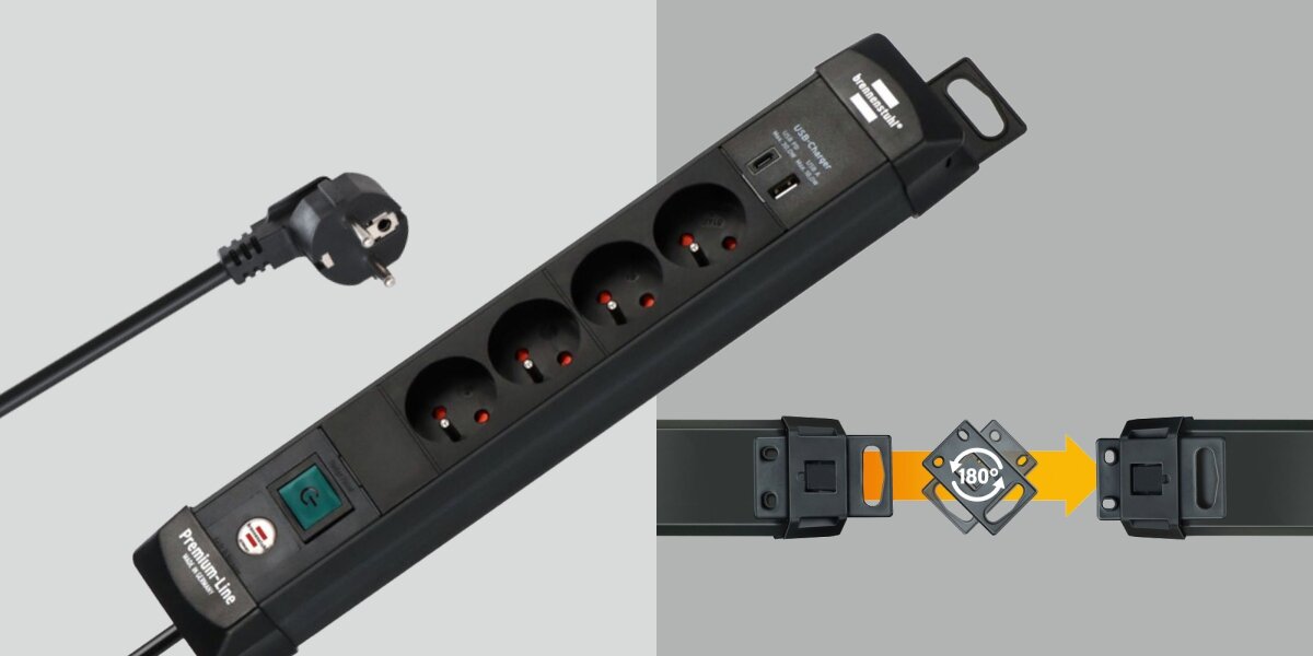 Listwa BRENNENSTUHL Premium-Line 4GN (1.8 m) Czarny, odporność, ochrona, kąt, gniazda, na szarym tle listwa pokazana od góry, w tle wizualizacja ochrony