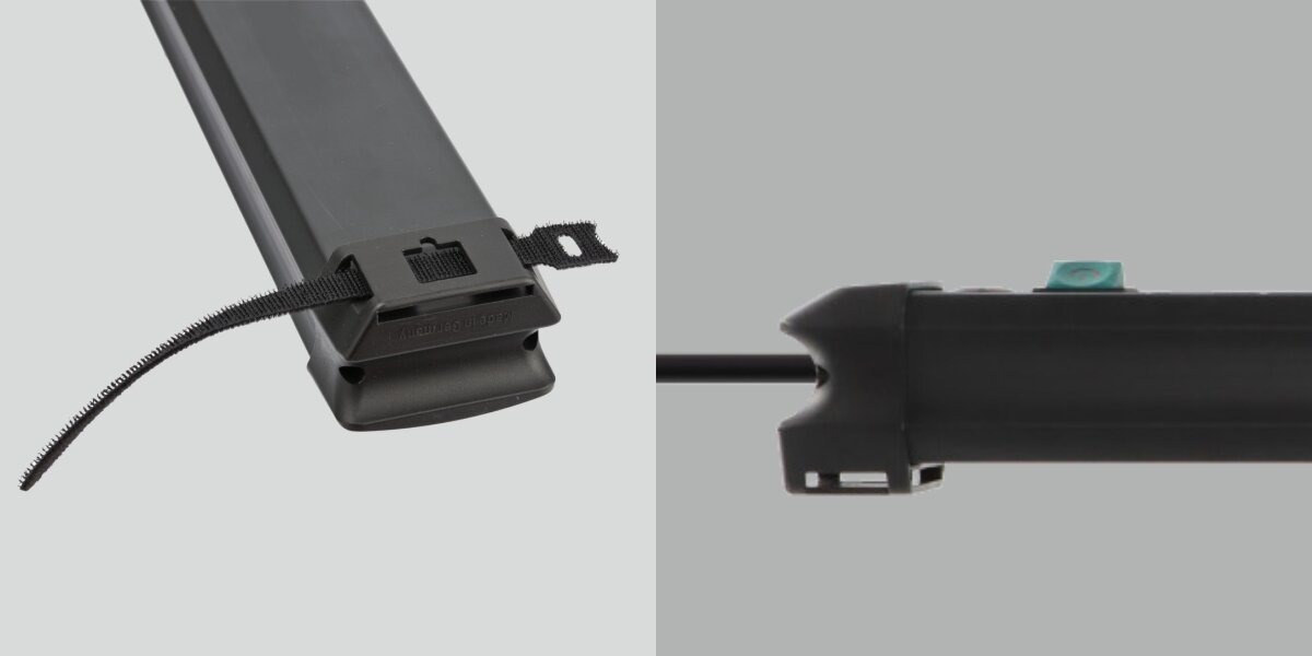 Listwa BRENNENSTUHL Premium-Line 4GN (1.8 m) Czarny, swoboda, sterowanie, wyłącznik, zasilanie, na szarym tle listwa pokazana od boku i dołu