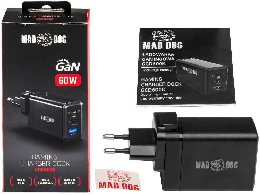 Ładowarka MAD DOG GCD600K elementy zestaw opakowanie naklejka