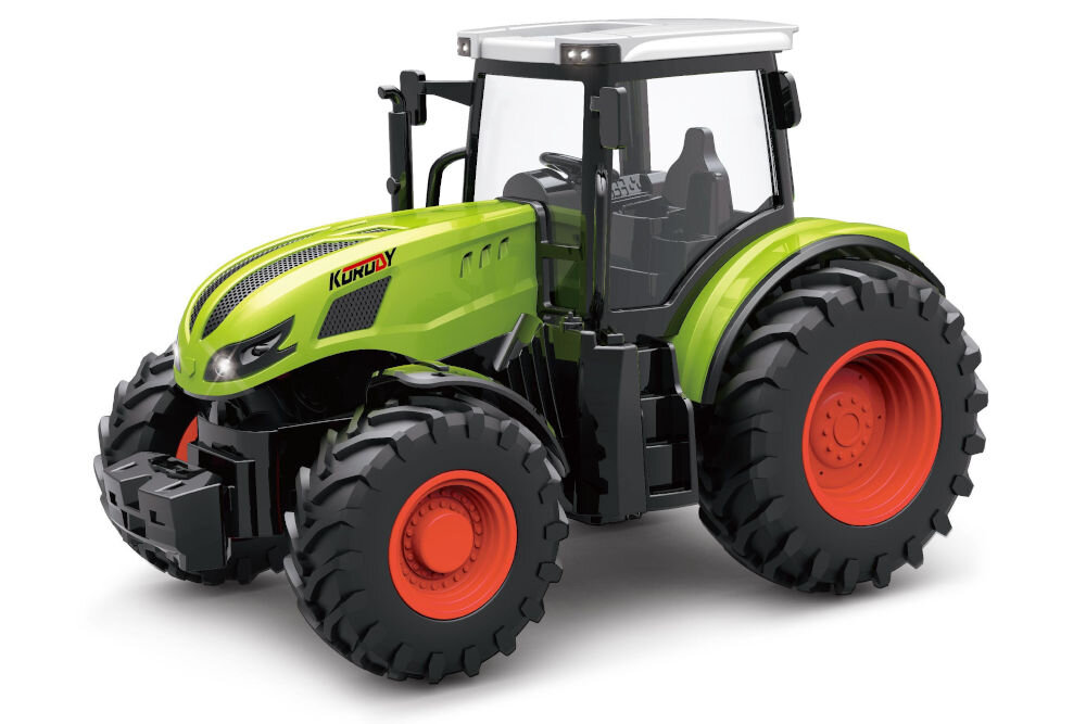 TRAKTOR RC S-LINE RCC203 Duża, szczegółowa zabawka ciągnika rolniczego na białym tle. Traktor jest zielono-czarny, ma kabinę i duże, masywne opony z pomarańczowymi felgami.