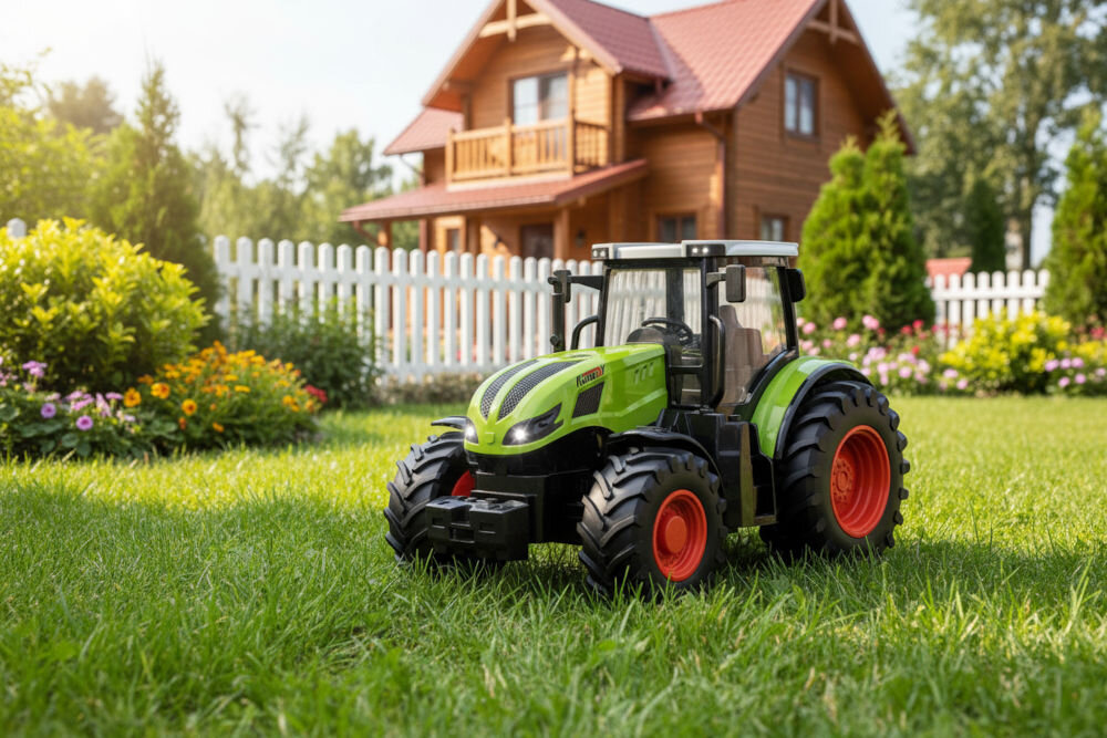 TRAKTOR RC S-LINE RCC203 Duża, zielono-czarna zabawka ciągnika rolniczego z czerwonymi felgami, stojąca na zadbanym trawniku. W tle znajduje się biały płot i drewniany dom z czerwonawym dachem, otoczony zielenią.