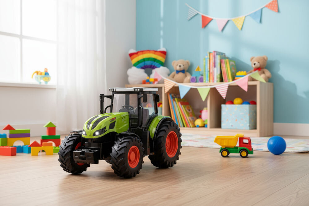 TRAKTOR RC S-LINE RCC203 Zabawka zielono-czarnego ciągnika rolniczego stojąca na drewnianej podłodze w pokoju dziecięcym o jasnoniebieskich ścianach. Obok traktora leży mała wywrotka i niebieska piłka. W tle widoczny jest regał z książkami i klocki.