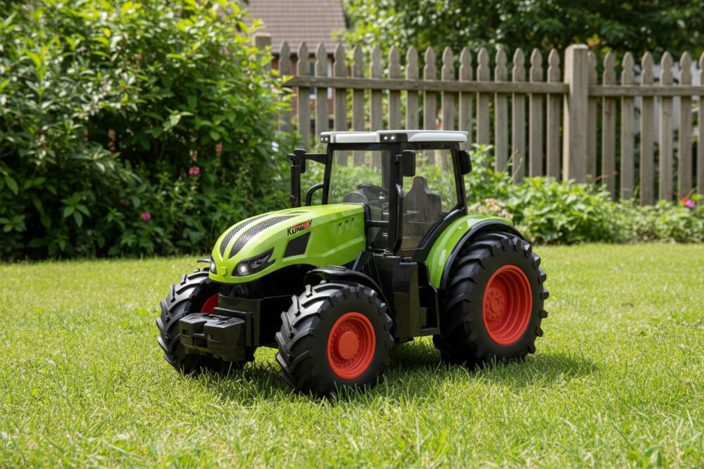 TRAKTOR RC S-LINE RCC203 Duża, zielono-czarna zabawka ciągnika rolniczego z czerwonymi felgami, stojąca na zielonej trawie w ogrodzie. W tle widoczny jest drewniany płot i gęste krzewy.