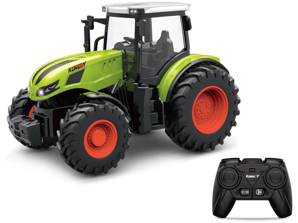 TRAKTOR RC S-LINE RCC203 Zabawka zielono-czarnego ciągnika rolniczego z pomarańczowymi felgami na białym tle, wraz z leżącym obok czarnym pilotem do zdalnego sterowania.