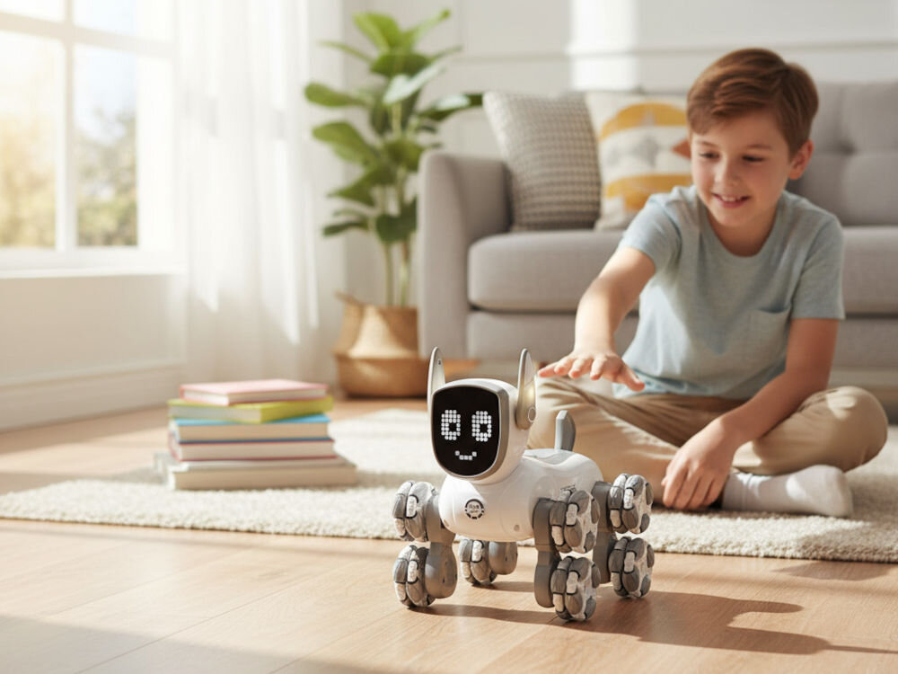 ROBO PIES RC S-LINE RCC304 Biało-różowy robot-pies na kołach Mecanum stojący na drewnianej podłodze w jasnym, żółtym pokoju dziecięcym. Wokół robota porozrzucane są klocki i piłka. W tle widoczny jest biały regał z kolorowymi książkami i duże okno z jasnymi zasłonami.