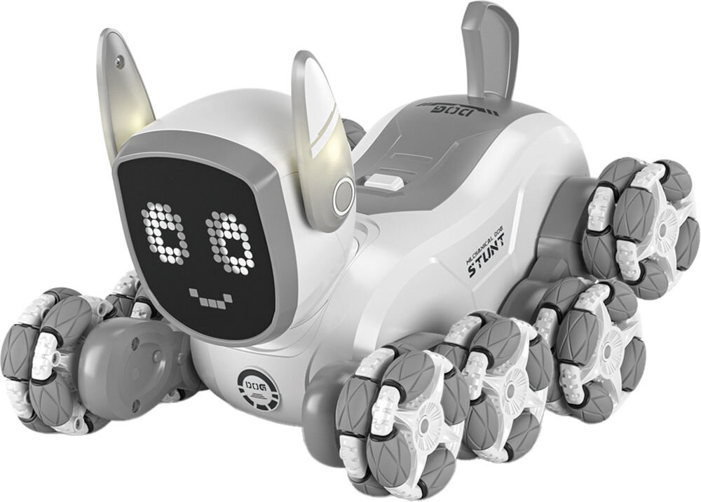 ROBO PIES RC S-LINE RCC304 Biało-szara zabawka robot-pies przewrócona na plecy (pozycja do wykonywania sztuczek) na białym tle. Robot ma cztery koła Mecanum i ekran LED na głowie wyświetlający uśmiechniętą buźkę.