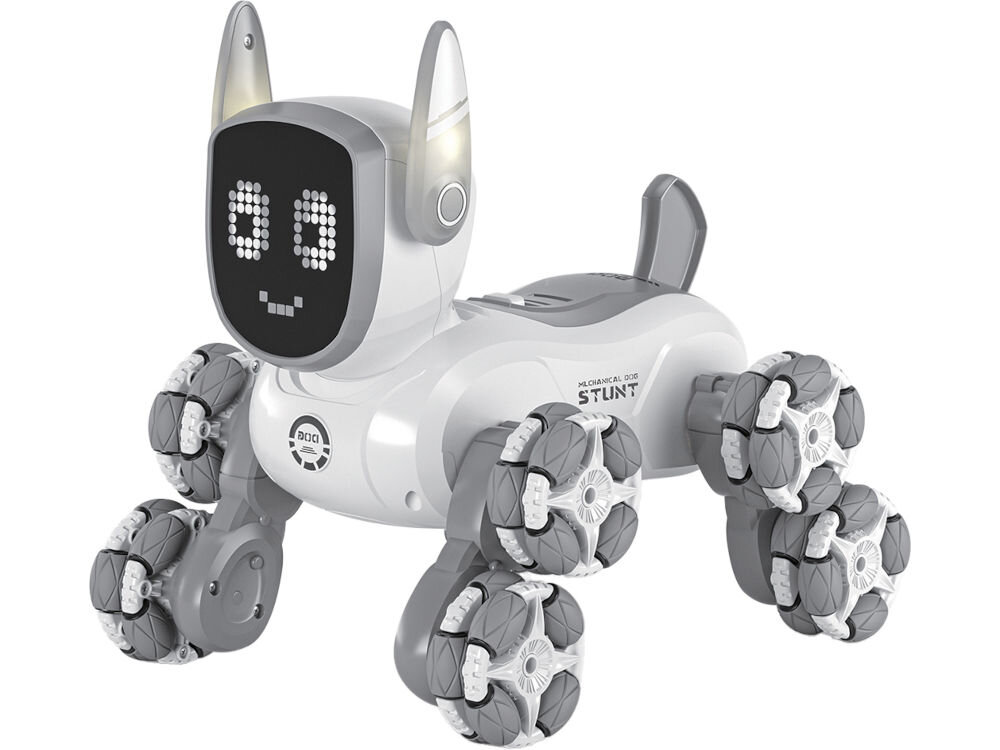 ROBO PIES RC S-LINE RCC304 Biało-szara zabawka robot-pies w pozycji stojącej na bocznych kołach, z lekko uniesionym przodem i tyłem, co sugeruje gotowość do ruchu lub akrobacji. Robot ma koła Mecanum i uśmiechniętą buźkę na ekranie.