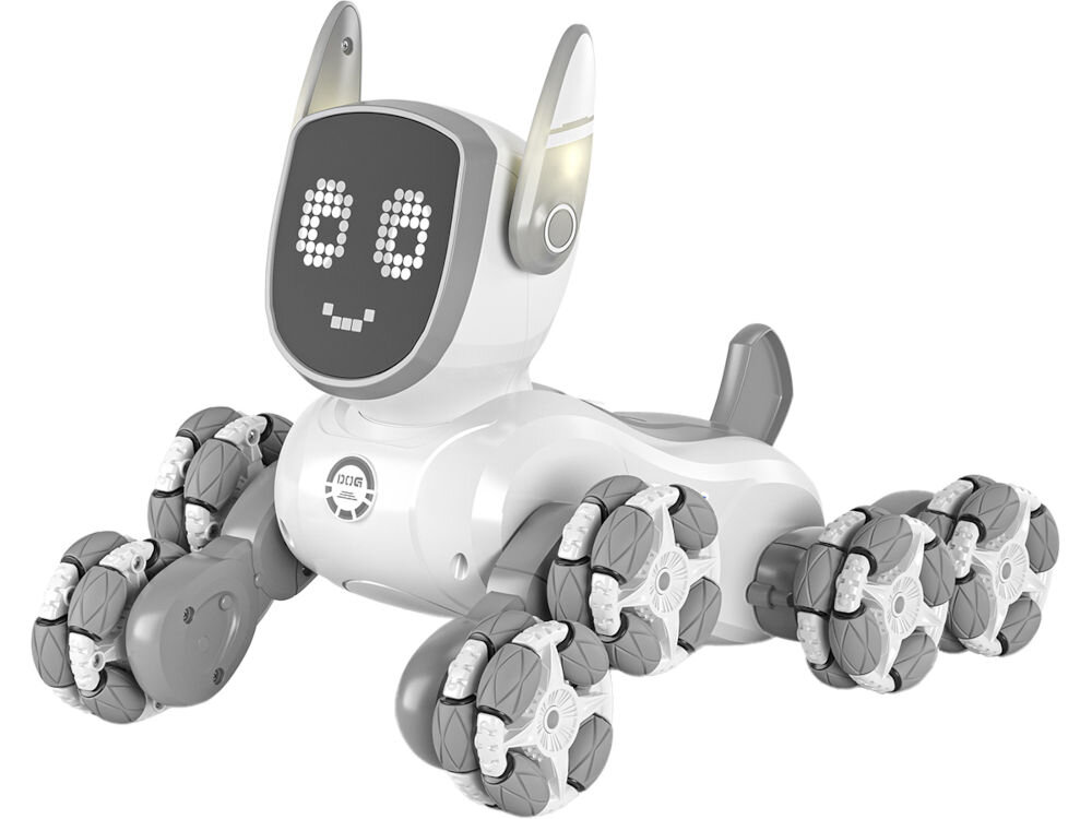 ROBO PIES RC S-LINE RCC304 Biało-szara zabawka robot-pies w pozycji leżącej/przycupniętej (przygotowującej do sztuczek) na białym tle. Robot ma cztery koła Mecanum i ekran LED na głowie, wyświetlający cyfrowy uśmiech.
