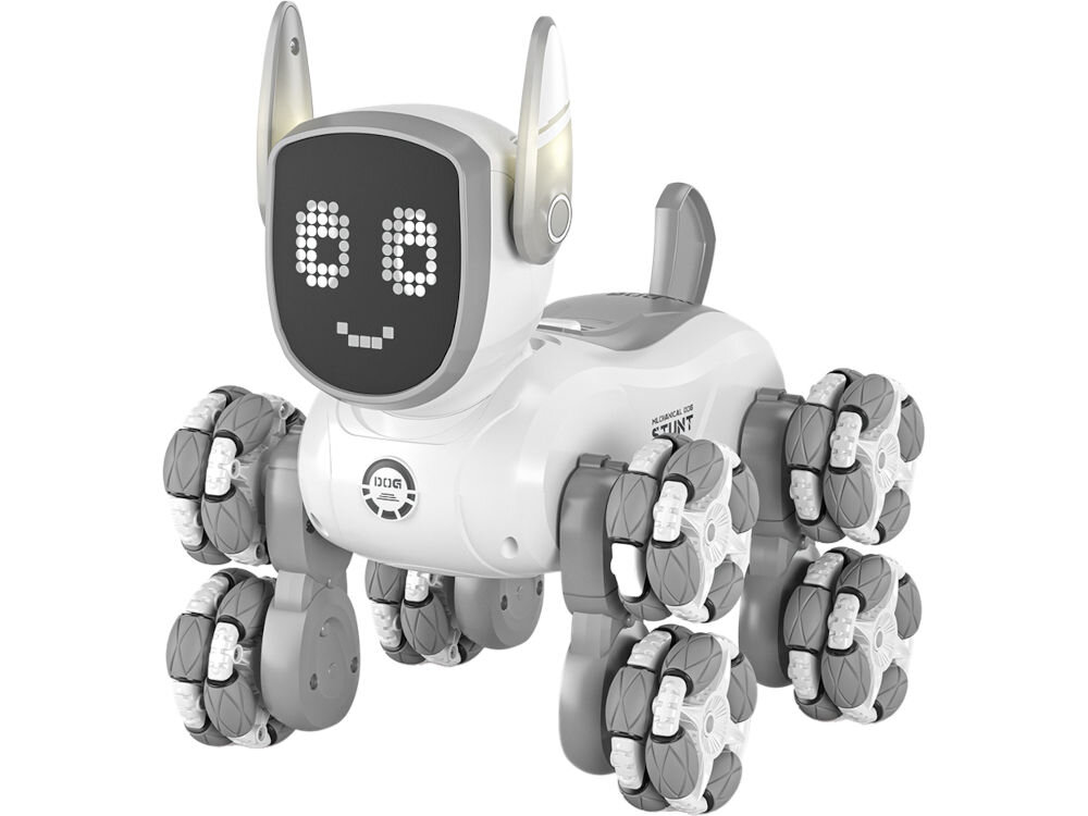 ROBO PIES RC S-LINE RCC304 Biało-szara zabawka robot-pies na białym tle, stojąca na czterech kołach Mecanum (wielokierunkowe kółka). Robot ma uszy, ogon i ekran LED na głowie, wyświetlający cyfrowy uśmiechnięty wyraz twarzy.