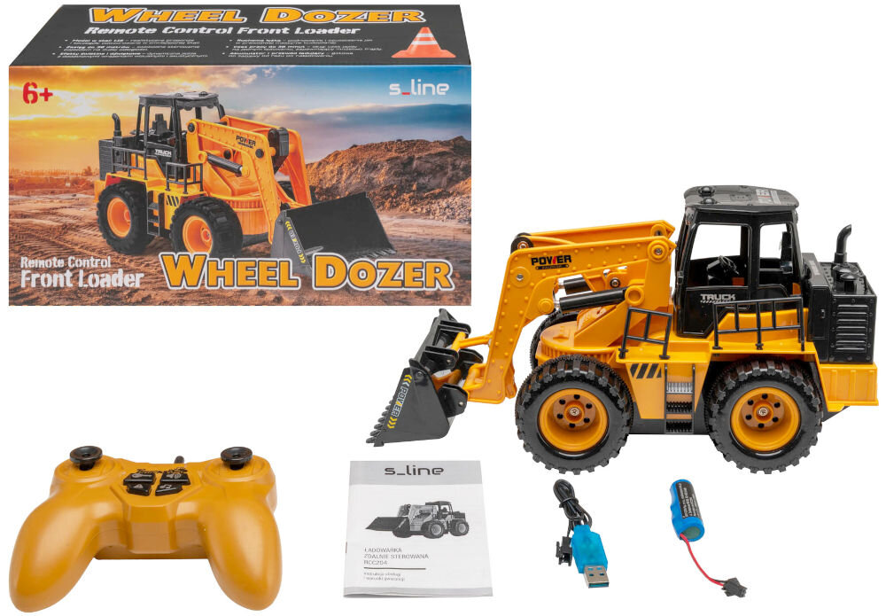 ŁADOWARKA RC S-LINE RCC204 Zabawkowa ładowarka kołowa, pilot, elementy silnika, pudełko.