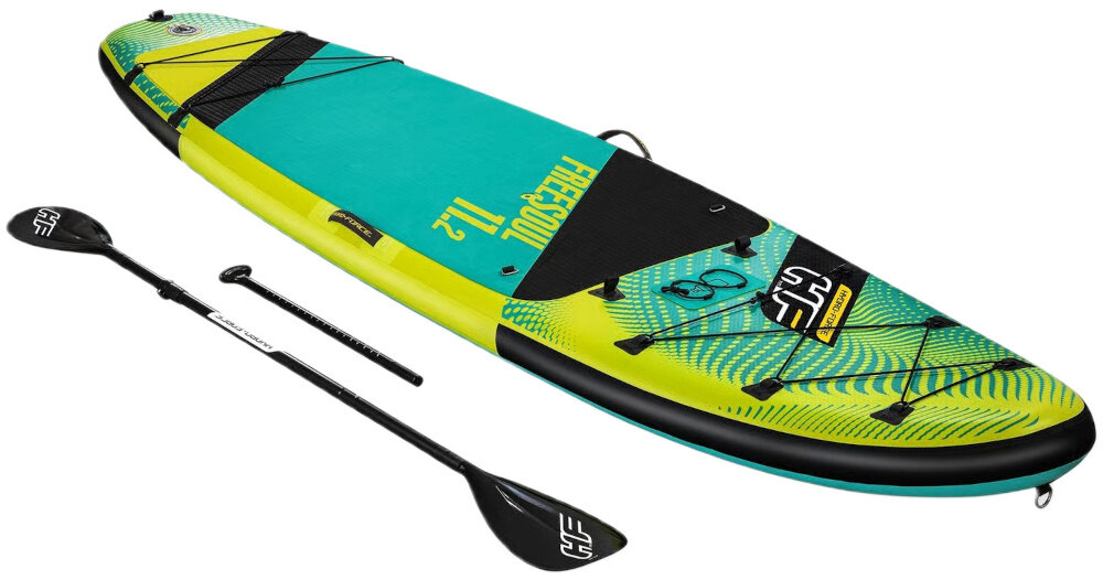 Deska SUP BESTWAY Hydro Force Freesoul 2w1 Set 73142 340 x 89 x 15 cm deska z wiosłem na białym tle możliwość pływania na stojąco z funkcją kajaka klasycznego układu SUP zamontować siedzisko kajakowe i podnóżek Funkcja 2w1 dopasować konfigurację do własnego planu dnia