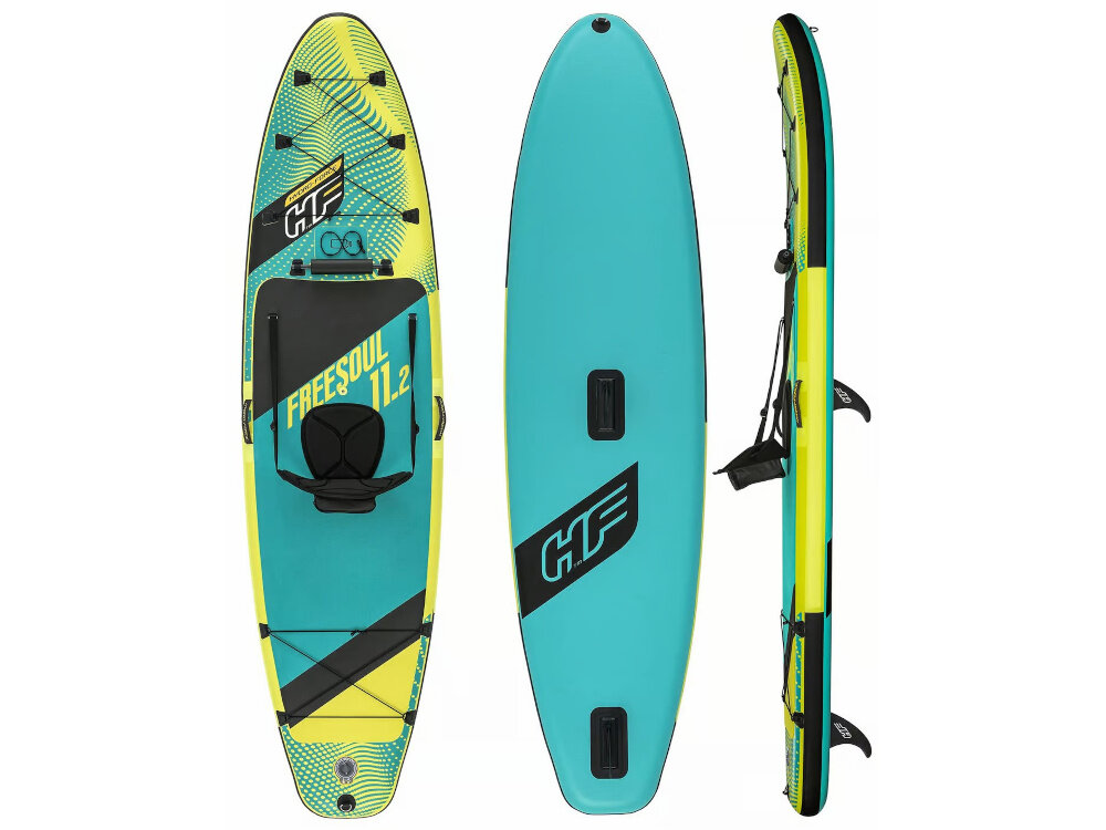 Deska SUP BESTWAY Hydro Force Freesoul 2w1 Set 73142 340 x 89 x 15 cm deska w trzech ujęciach na białym tle Technologia FortiFiber™ Drop Stitch wzmocnienia Tritech® wielowarstwową konstrukcję Materiał z tworzywa sztucznego grubość 15 cm do aktywnego użytkowania w różnych konfiguracjach
