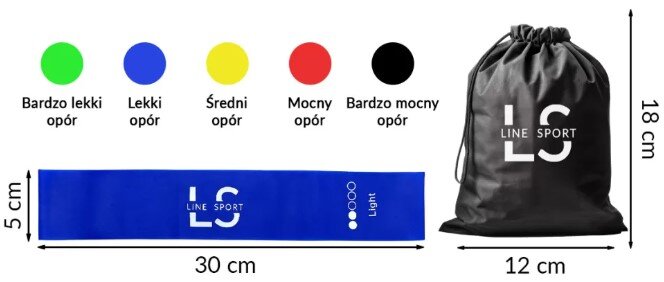 Obraz przedstawia zestaw gum do ćwiczeń w pięciu kolorach: zielonym, niebieskim, żółtym, czerwonym i czarnym, oznaczających różne poziomy oporu. Obok znajduje się czarna torba z logo \'LINE SPORT\' o wymiarach 12 cm na 18 cm oraz niebieska guma o wymiarach 5 cm na 30 cm z napisem \'LINE SPORT LS Light\'.