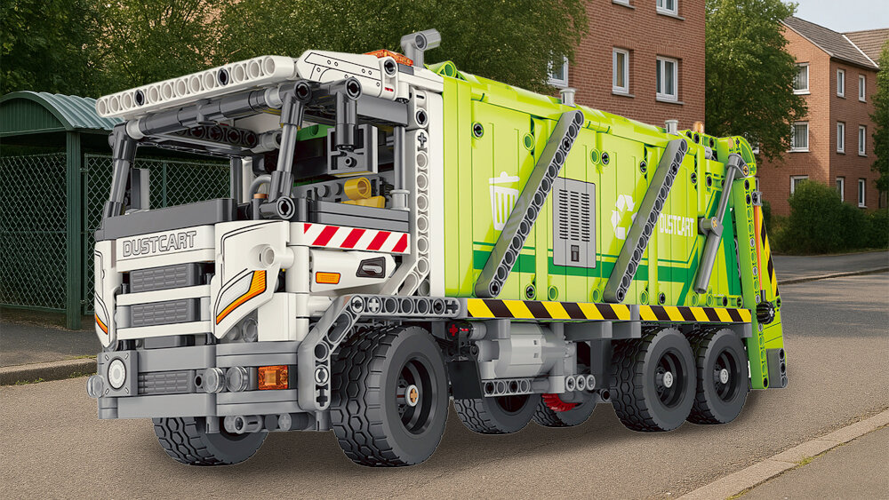 Klocki plastikowe REOBRIX Mechanical Śmieciarka Zdalnie sterowana 22022 śmieciarka na tle ulicy w oddali budynki realistyczna zabawa kreatywność zdolności manualne pomysł na prezent