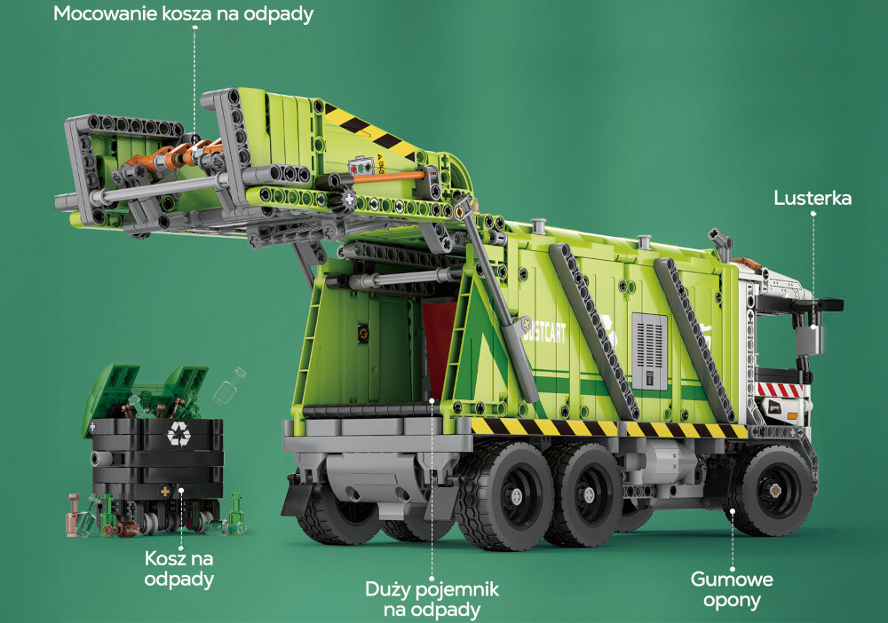 Klocki plastikowe REOBRIX Mechanical Śmieciarka Zdalnie sterowana 22022 śmieciarka na zielonym tle widoczna od tyłu podniesiona klapa obok kosz na odpady ealistyczny model śmieciarki 1468 wysokiej jakości elementów wykonanych z ekologicznego ABS bezpieczne i precyzyjne łączenie szczegółowe wykończenie autentyczne detale solidna konstrukcja dla dzieci i dorosłych kreatywność, cierpliwość i zdolności manualne