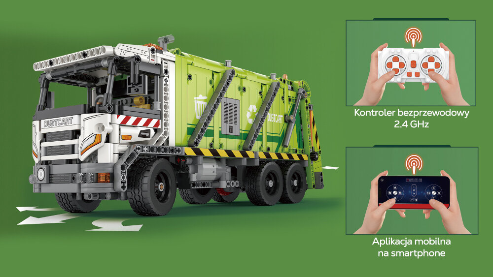 Klocki plastikowe REOBRIX Mechanical Śmieciarka Zdalnie sterowana 22022 śmieciarka po środku zdjęcia zielone tło obok dwa mniejsze zdjecia z pilotem steowania i telefonem z włączoną aplikacją zdalne sterowanie 2.4G pilot zasilany 2 bateriami AAA dedykowana aplikacja mobilna cztery mocne silniki płynne działanie i imponujące efekty