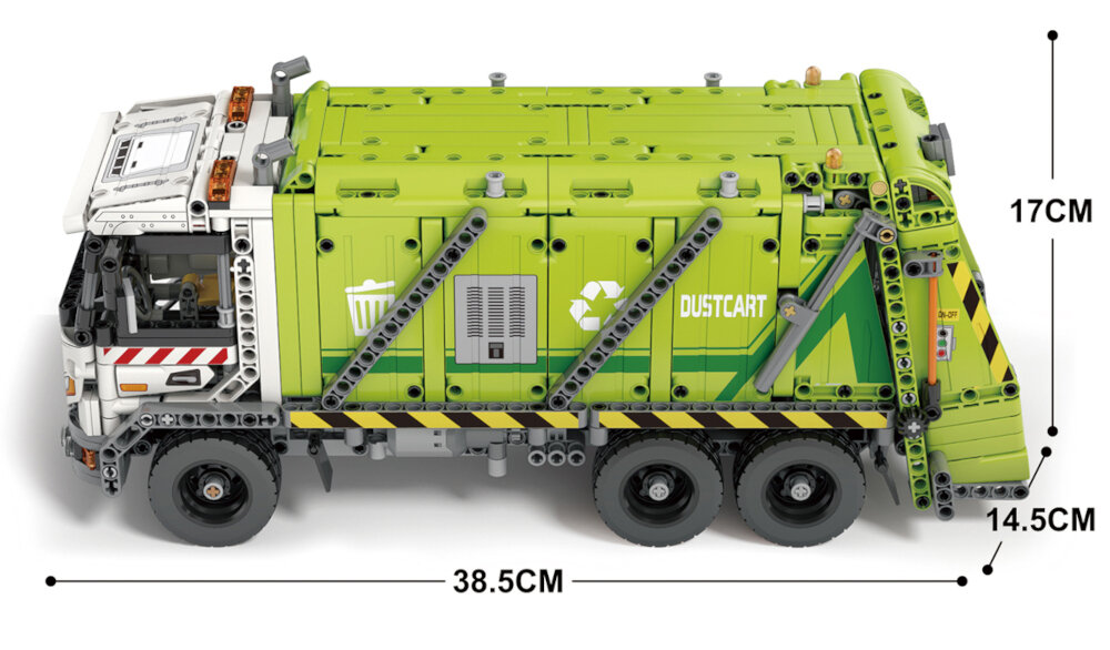 Klocki plastikowe REOBRIX Mechanical Śmieciarka Zdalnie sterowana 22022 śmieciarka na białym tle obok strzałki z wymiarowaniem wymiary 38,5 x 14,5 x 17 cm solidny efektowny pojazd staranie dobrane proporcje precyzyjne detale stabilna całość odporna na uszkodzenia