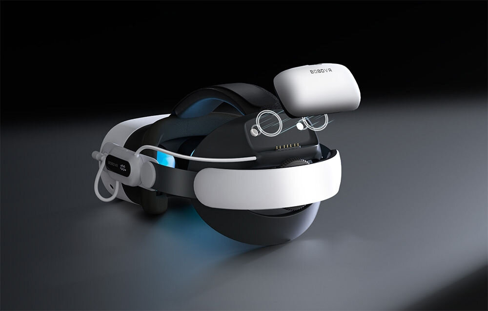 Pasek odciążający BOBOVR E3 PRO do Meta Quest 3/3s + bateria
			imitacja wpinania akumulatora do paska na ciemnym tle akumulator pojemność dodatkowe 3-4 godziny pracy