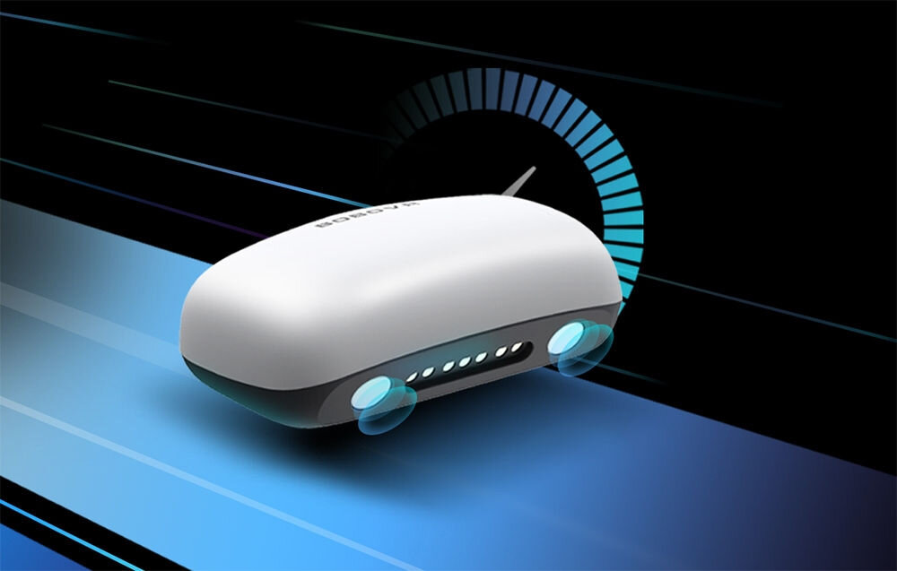 Akumulator BOBOVR B100 do S3 PRO/E3 PRO prezentacja akumulatora imitacja prędkości ładowania na czarnym tle szybkie ładowanie do 20 W port USB-C czasy ładowania