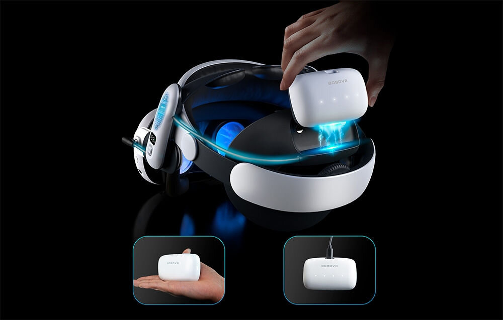 Akumulator BOBOVR B100 do S3 PRO/E3 PRO prezentacja wkładania akumulatora do miejsca w okularach VR pokazanie akumulatora na dłoni oraz podłączonego do kabla czarne tło