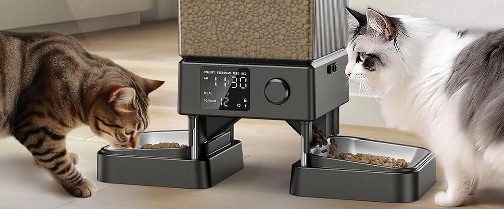 Dozownik karmy automatyczny ONEISALL PFD 002 Porcjowanie dla dwóch pupili specjalnego rozdzielacza ilość kawa do sześciu posiłków dziennie  regulacja porcji w zakresie od 1 do 30 jednostek  7 g każda dopasowanie Pojemnik mieszczący do 2 kg