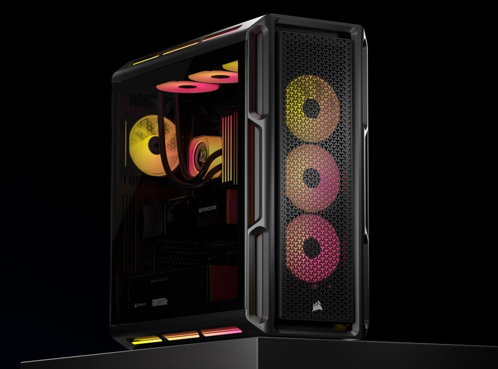Obudowa CORSAIR iCUE 5000T LX RGB Czarna obudowa komputerowa w formacie mid tower z przeszklonym panelem bocznym i trzema podświetlonymi wentylatorami RGB na przednim panelu