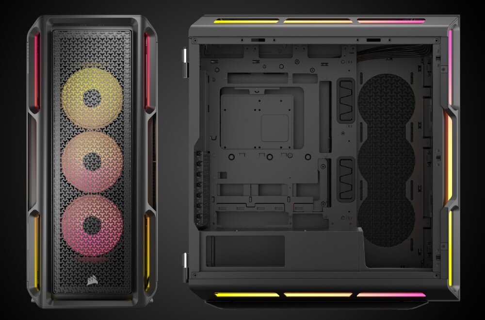 Obudowa CORSAIR iCUE 5000T LX RGB Widok z przodu i z boku na czarną obudowę komputerową, z trzema podświetlonymi wentylatorami RGB z przodu i widocznym wnętrzem przez przeszklony panel boczny