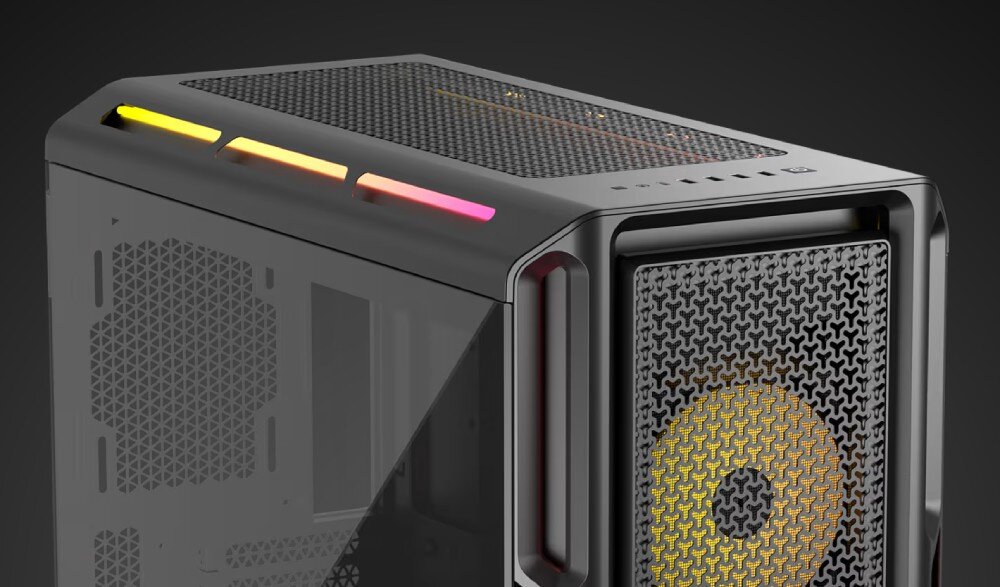 Obudowa CORSAIR iCUE 5000T LX RGB Widok z bliska na górną i przednią część czarnej obudowy komputerowej z podświetlanymi paskami RGB wzdłuż górnej krawędzi i siatkowym panelem z przodu
