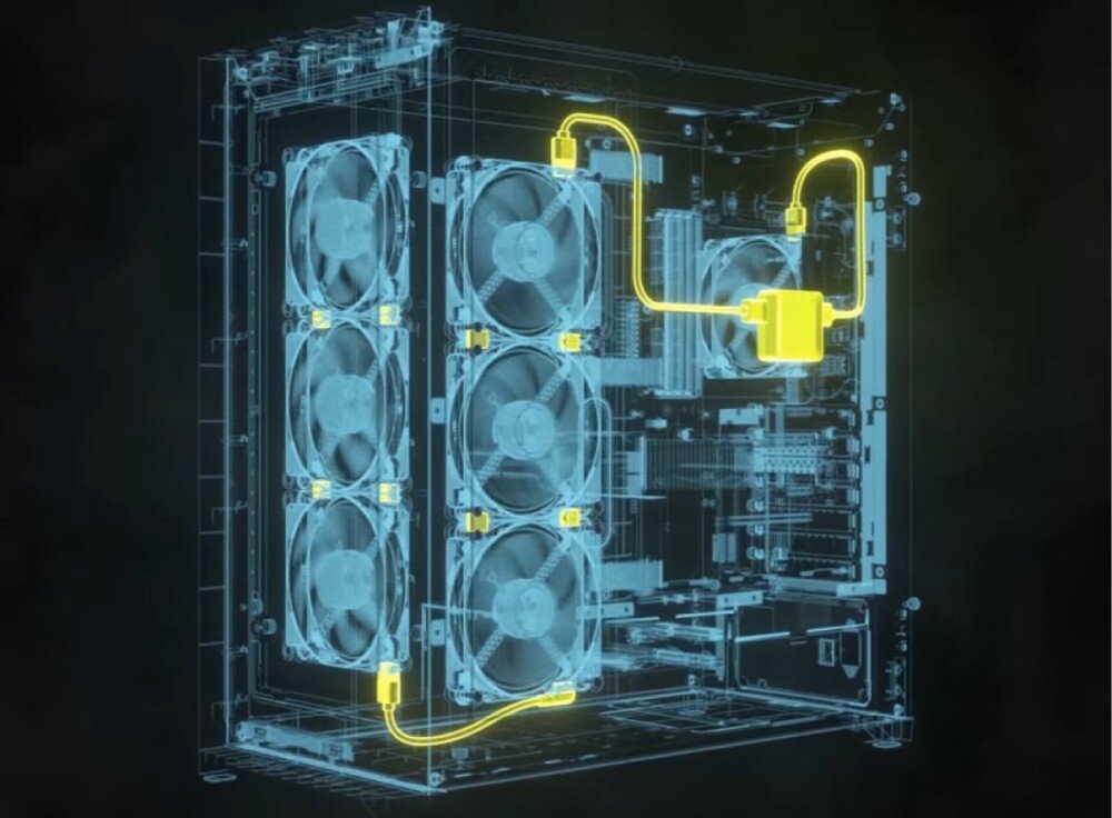 Obudowa CORSAIR iCUE 5000T LX RGB Niebieski, przezroczysty render obudowy komputerowej pokazujący ścieżkę przepływu powietrza przez wentylatory i radiator