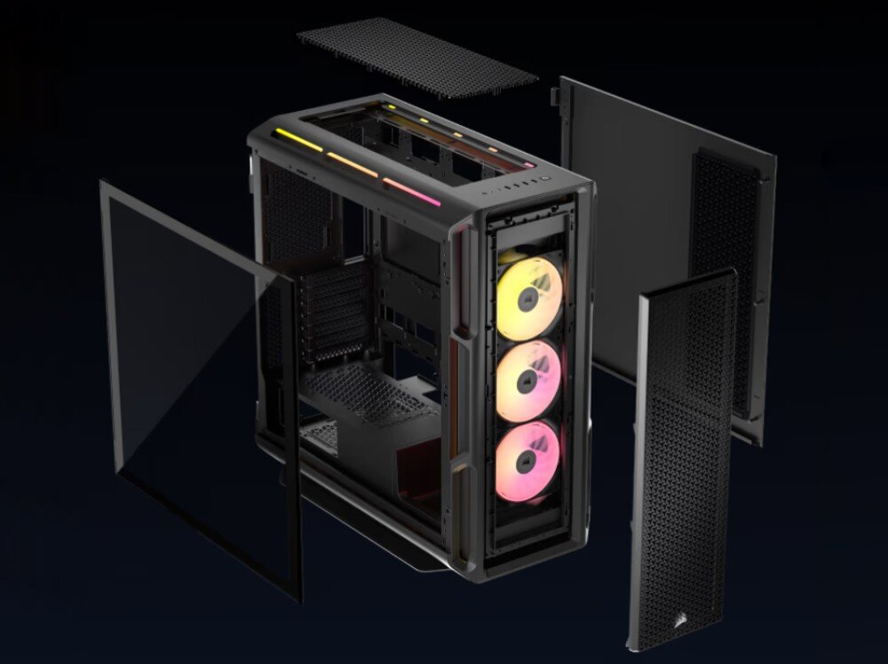 Obudowa CORSAIR iCUE 5000T LX RGB Rozłożona na części czarna obudowa komputerowa z siatkowymi i szklanymi panelami
