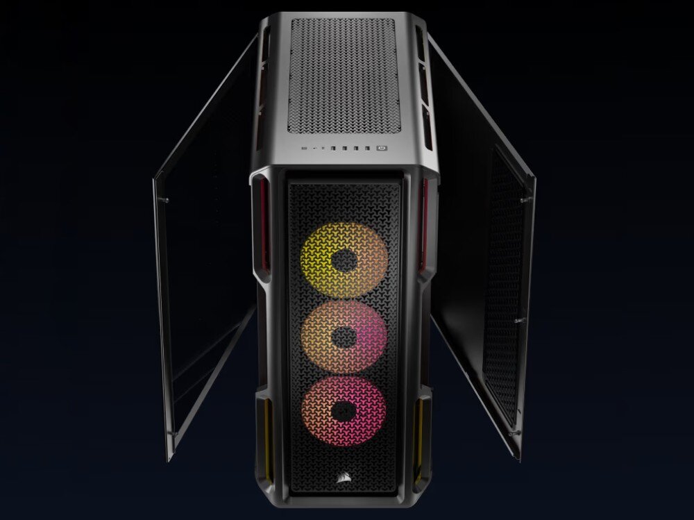 Obudowa CORSAIR iCUE 5000T LX RGB Widok z góry na obudowę komputerową z otwartymi obydwoma panelami bocznymi na zawiasach