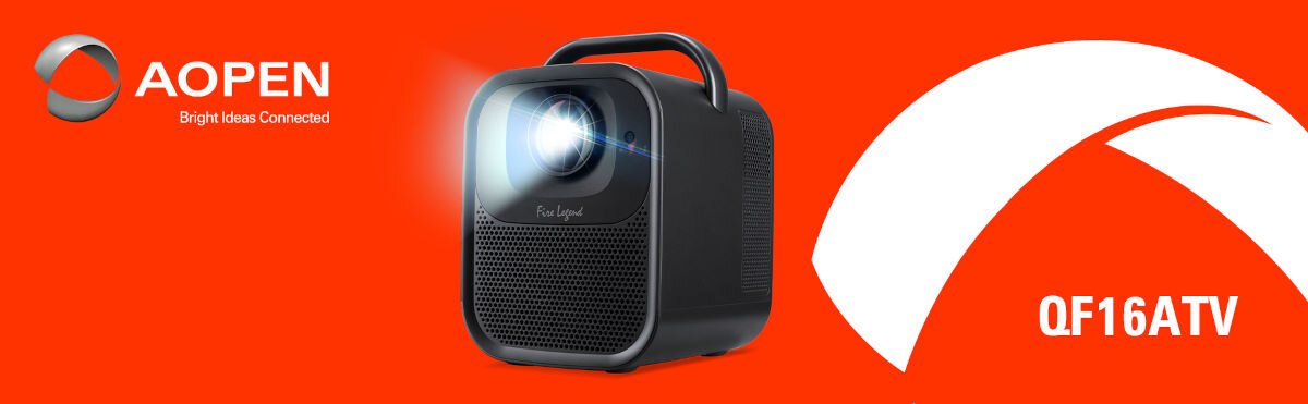AOPEN QF16ATV mobilna projekcja Full HD, projektor po skosie na pomarańczowym tle
