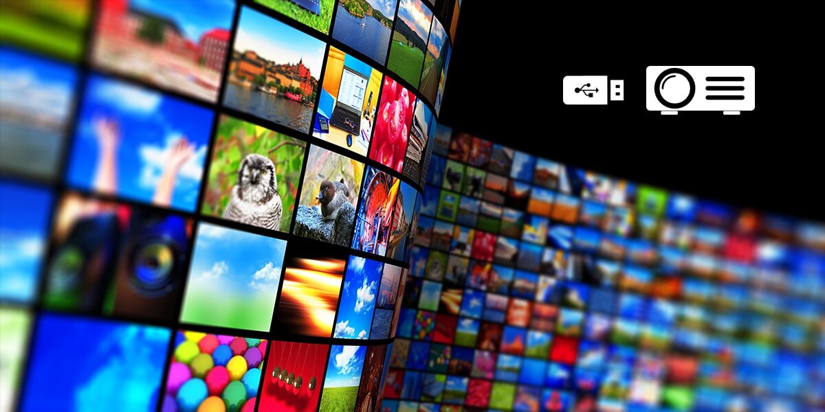 AOPEN QF16ATV odtwarzanie multimediów USB bez komputera, logo pendriva oraz projektora, kafelki różnych obrazów