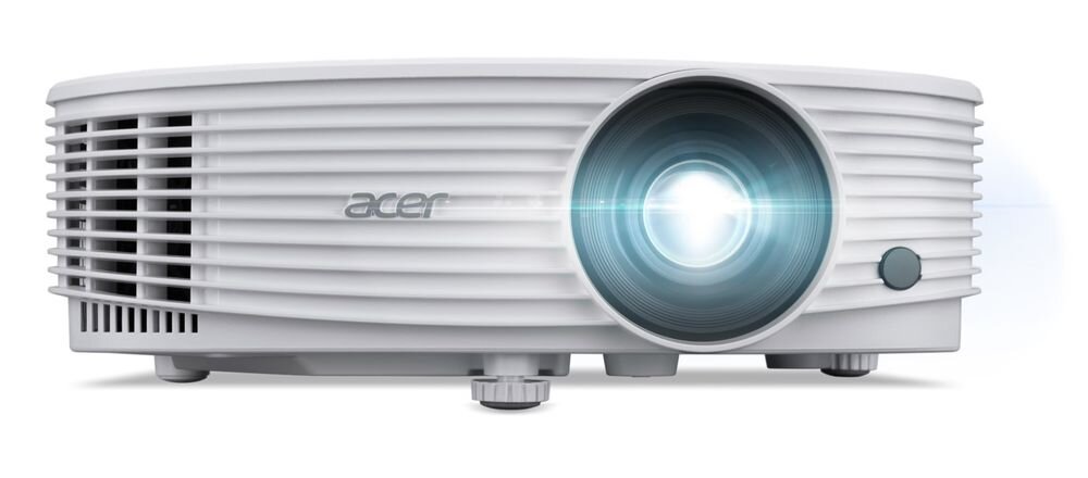 Biały projektor z widocznym logo \'acer\' na obudowie, emituje jasne światło z obiektywu.